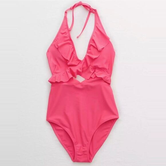 Aerie Ruffle One-Piece Full Coverage Halter Swimsuit Bright Neon Pink Large - Picture 3 of 11